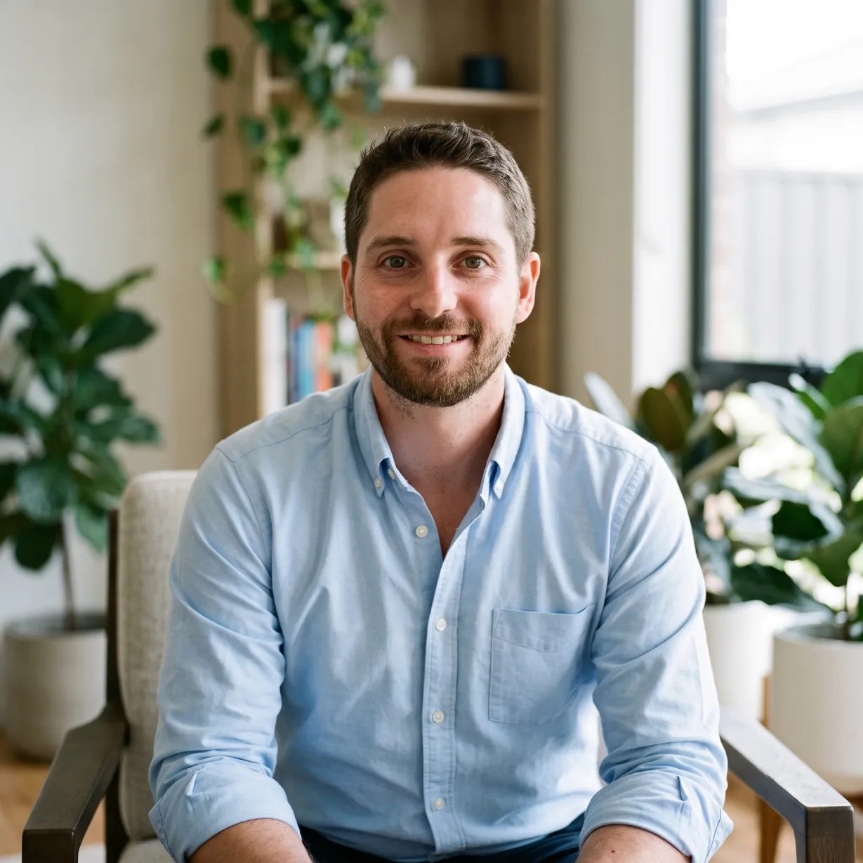 Jonathon De Martini, a professional Financial Adviser based in Middle Park, sitting in a bright, modern office space.