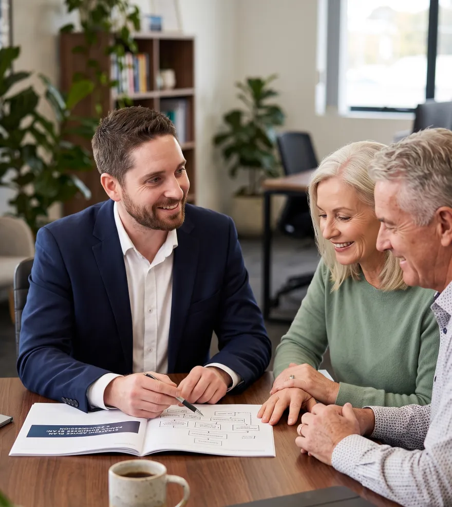 Financial planner Jonathon De Martini explaining a 'Strategic Advice Plan' to a smiling couple during a client meeting at Middle Park.
