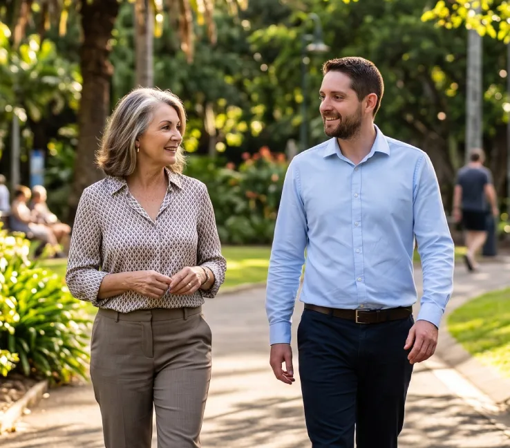 A professional photograph of Jonathon De Martini, Middle Park financial planner and director of DeMar Financial Planning Pty Ltd, walking and talking smilingly with an elderly client along a sun-drenched pathway in a lush, green park, providing personalised retirement and investment advice. The thumbnail variant.