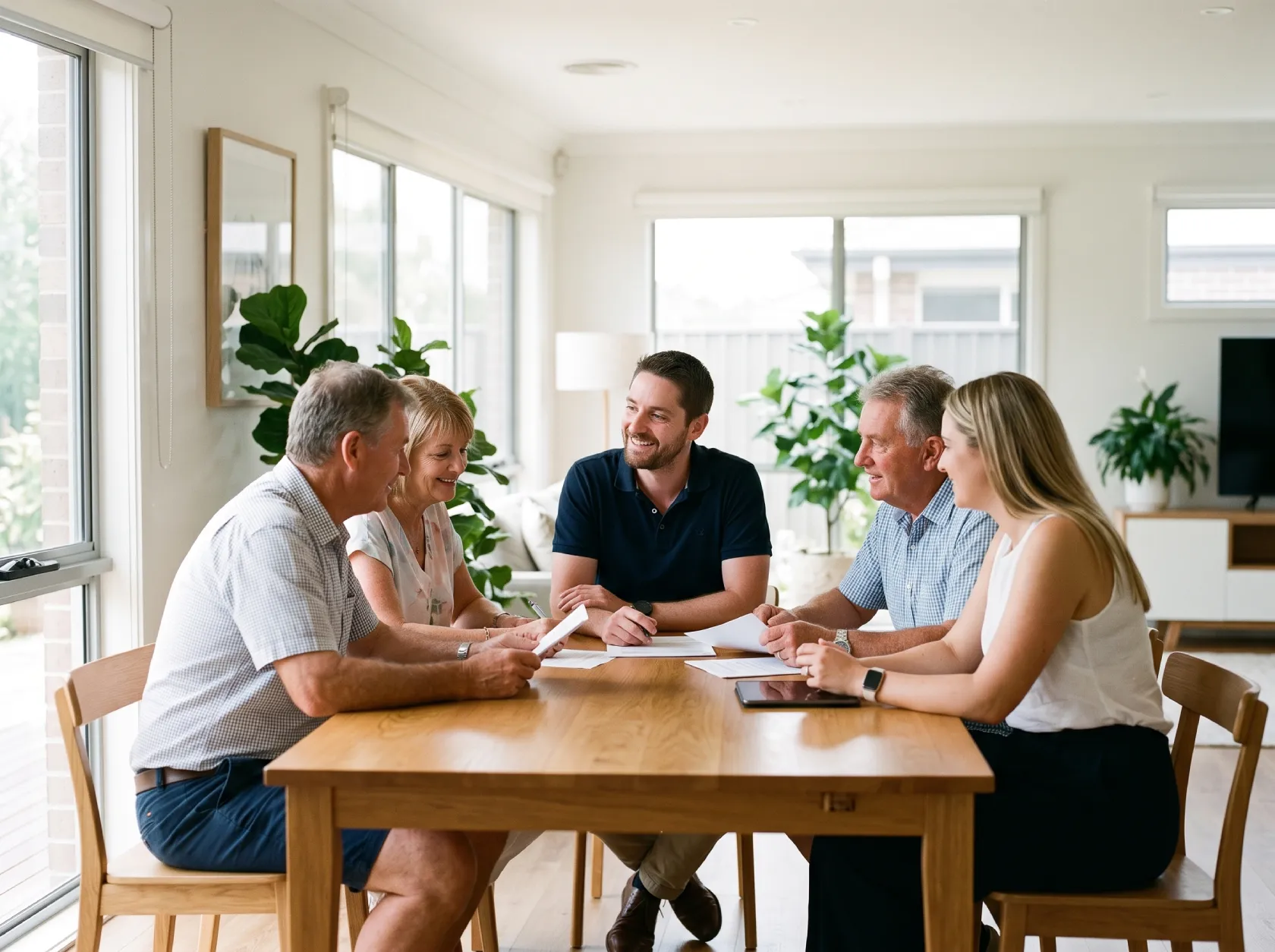 Middle Park financial adviser Jonathon De Martini smiling and discussing financial strategies with a family seated around a timber dining table in a bright, modern home.