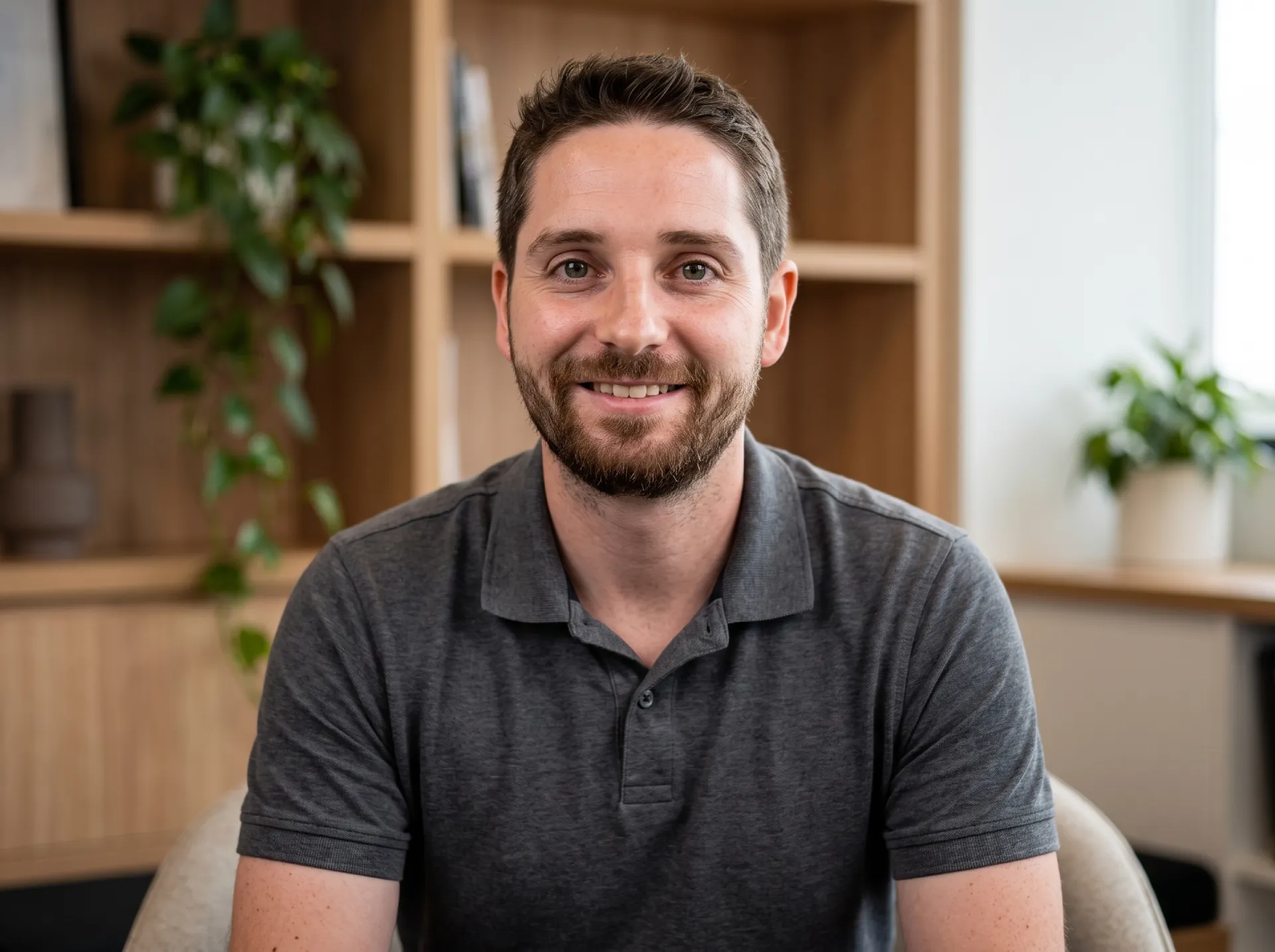 A professional head-and-shoulders portrait of Jonathon De Martini, a Brisbane Financial Planner, smiling confidently in a modern, plant-filled office with warm wooden shelves. He wears a charcoal grey polo.